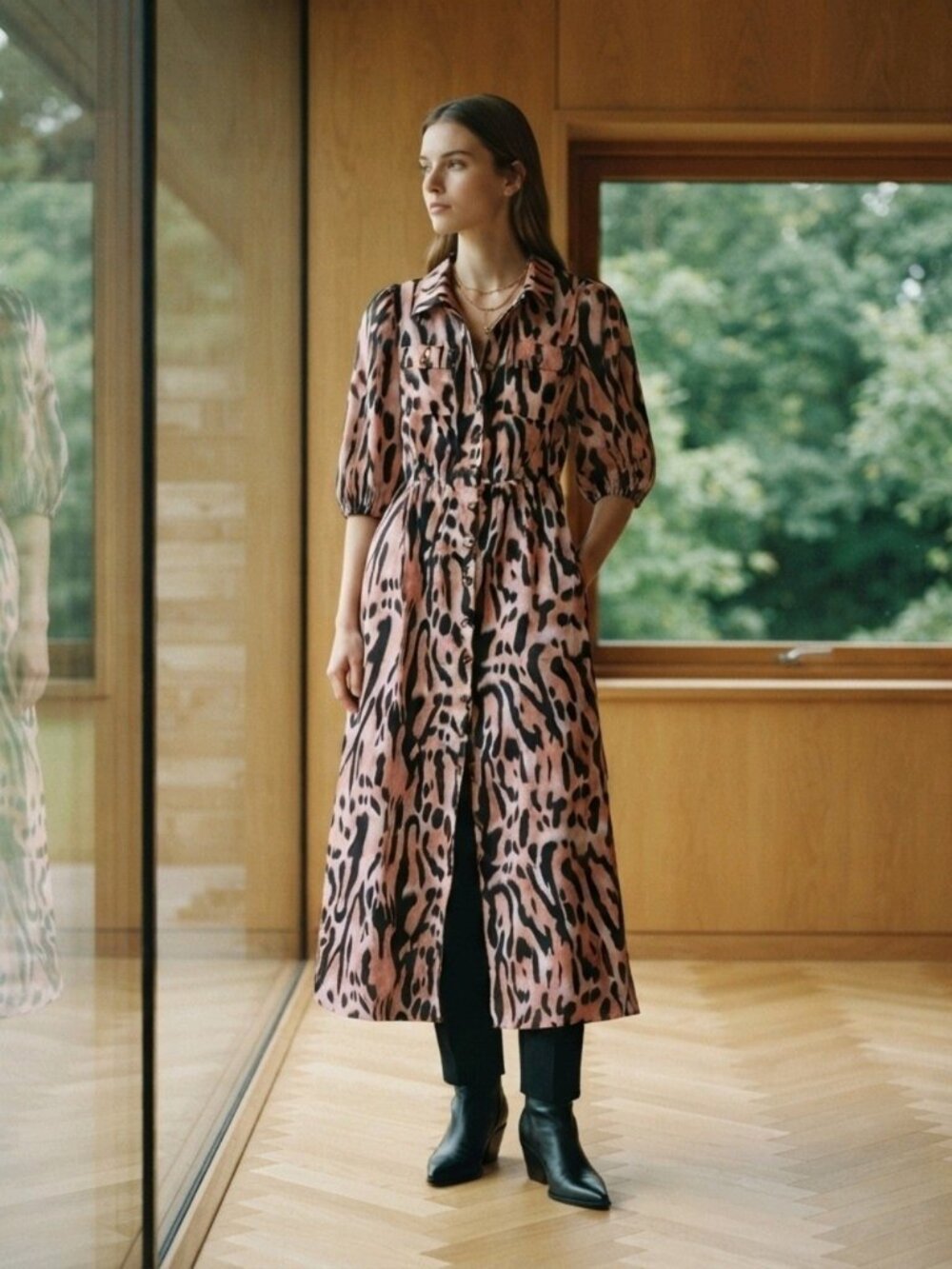 Chicme Dusty Peach And Black Animal Print Maxie Dress. Silky Lightweight. Size S